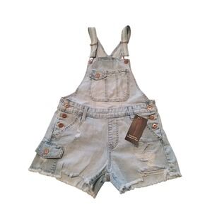 No Boundaries Womens Distressed Denim Shortalls Light Wash Size S 3-5 Overalls